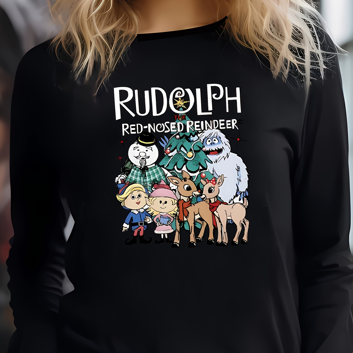 

- Reindeer Cartoon Graphic Sweatshirt For Women - Casual Polyester Knit Fabric, , Round Neck, , Long Sleeve T-shirt