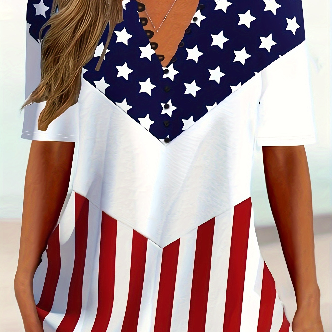 

Flag Print V Neck T-shirt, Casual Short Sleeve Top For Spring & Summer, Women's Clothing