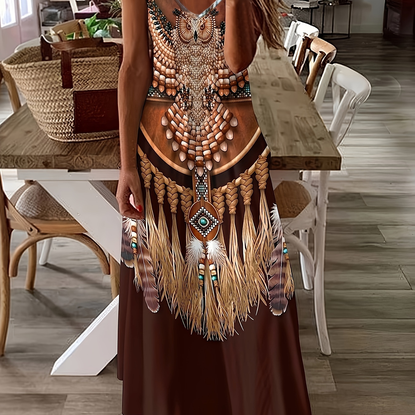 

Plus Size Ethnic Print Cami Dress, Boho Long Length Sleeveless V Neck Dress For Spring & Summer, Women's Plus Size Clothing