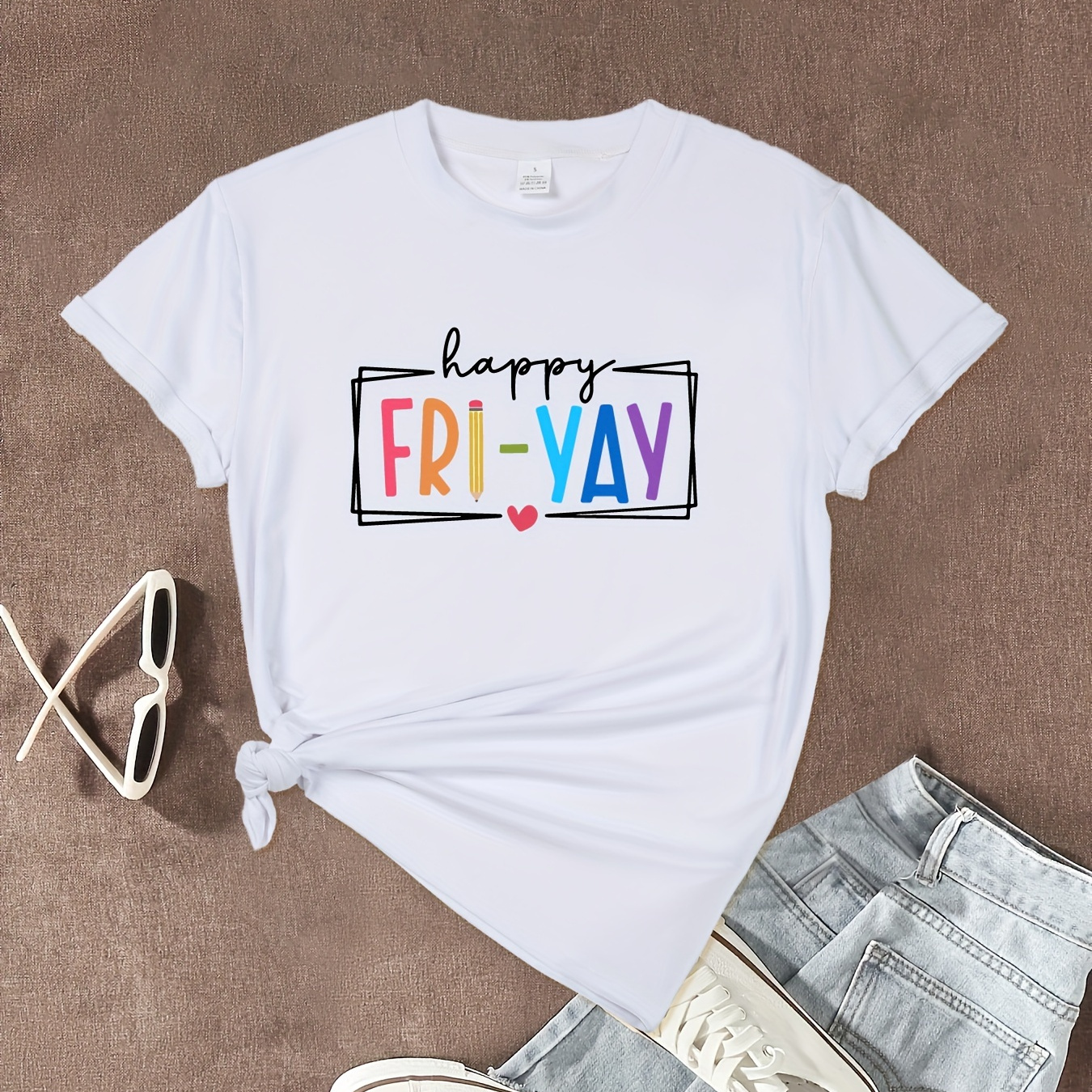 

Women's Letter Summer T-shirt, Crew Neck Short Sleeve Top, Lightweight &