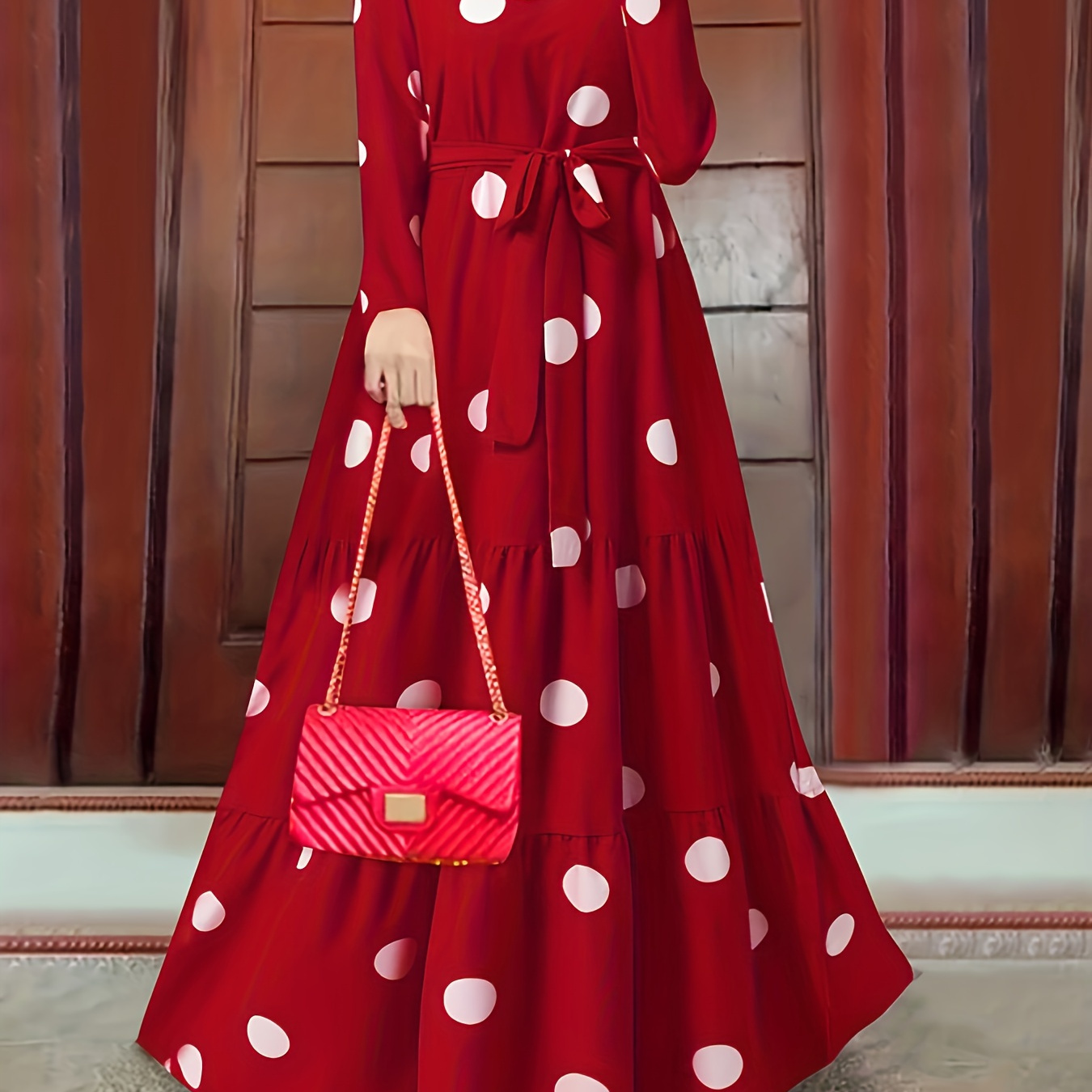 

Ramadan Polka Dot Print Kaftan Dress, Casual Long Sleeve Tiered Dress, Women's Clothing