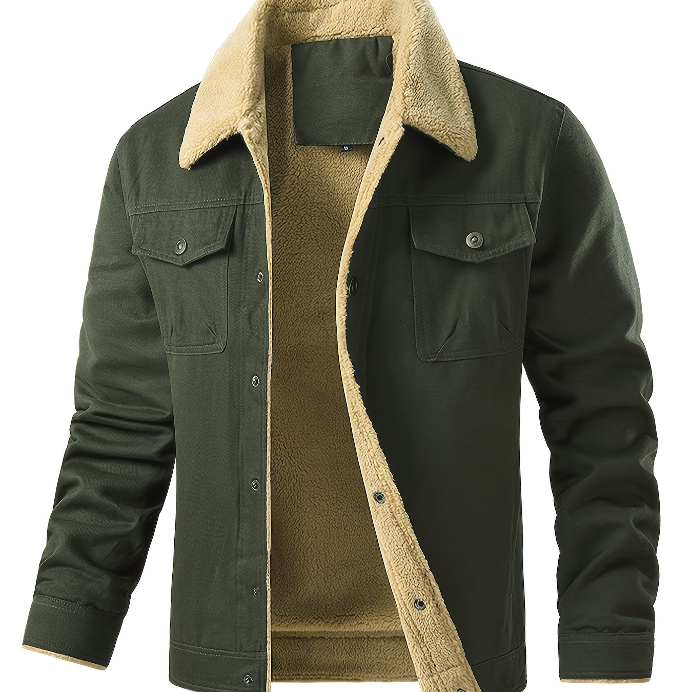 

Men's Casual Warm Fleece Flap Pocket Jacket, Chic Cotton Button Up Jacket For Fall Winter