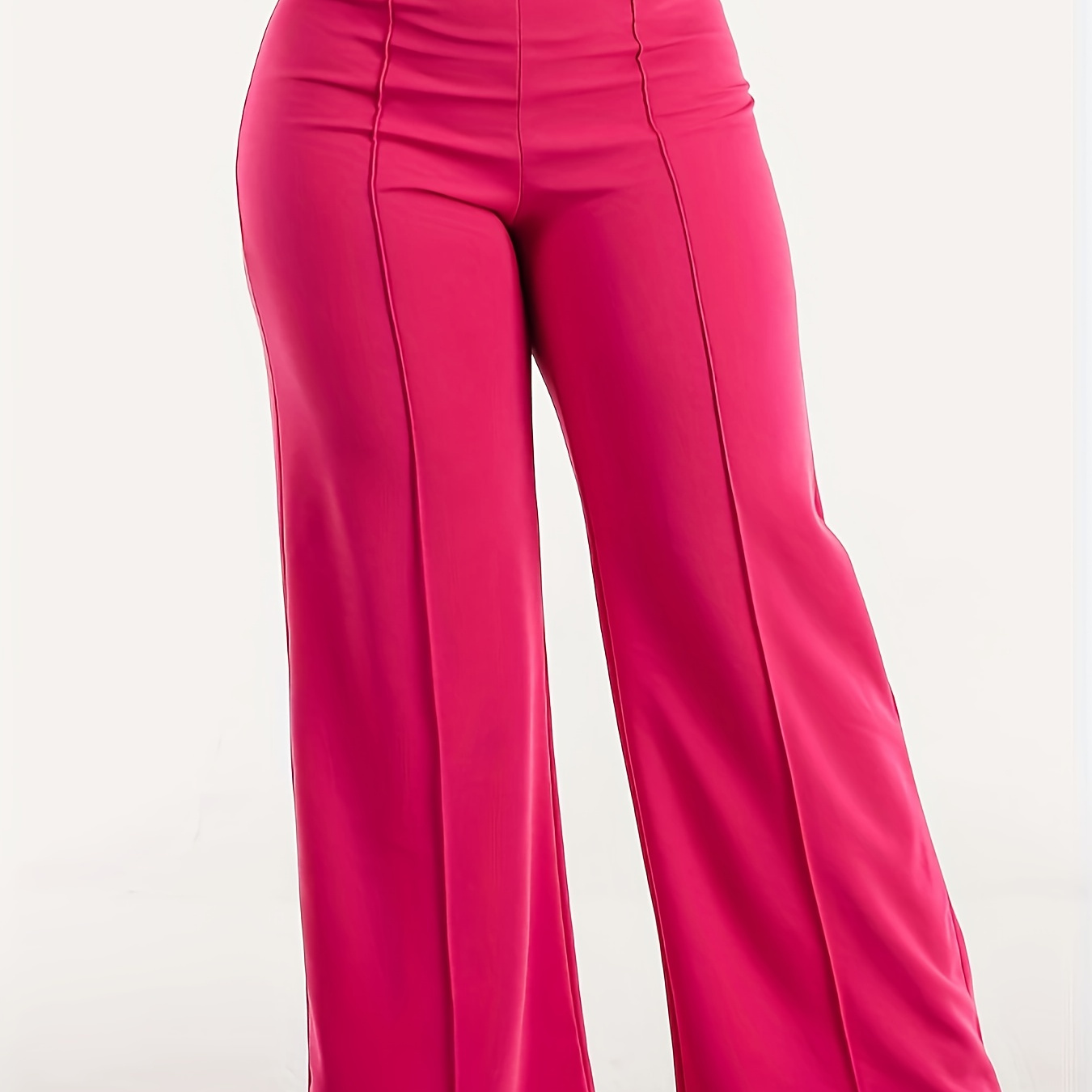 Plus Size Casual Pants, Women's Plus Solid Stitching Elastic High Rise Medium Stretch Wide Leg Trousers