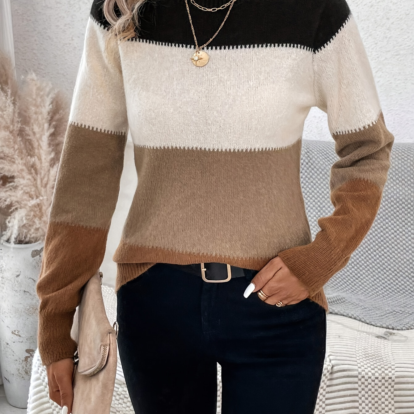 

Knitted Pullover Sweater, Casual Mock Neck Long Sleeve Top For Fall & Winter, Women's Clothing