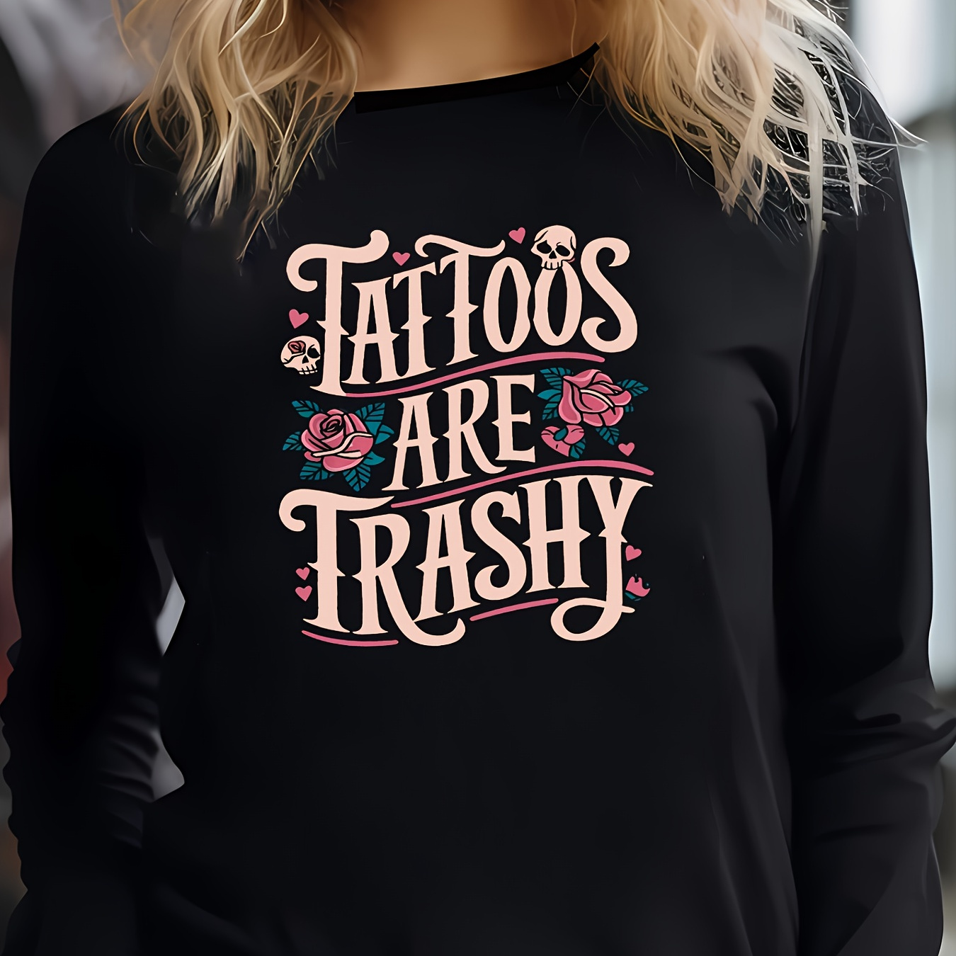 

Women's "tattoos Are " Long Sleeve , Retro Casual Crew Neck, 95% Polyester 5% Spandex Knit Fabric, Medium Stretch, Letter , For All