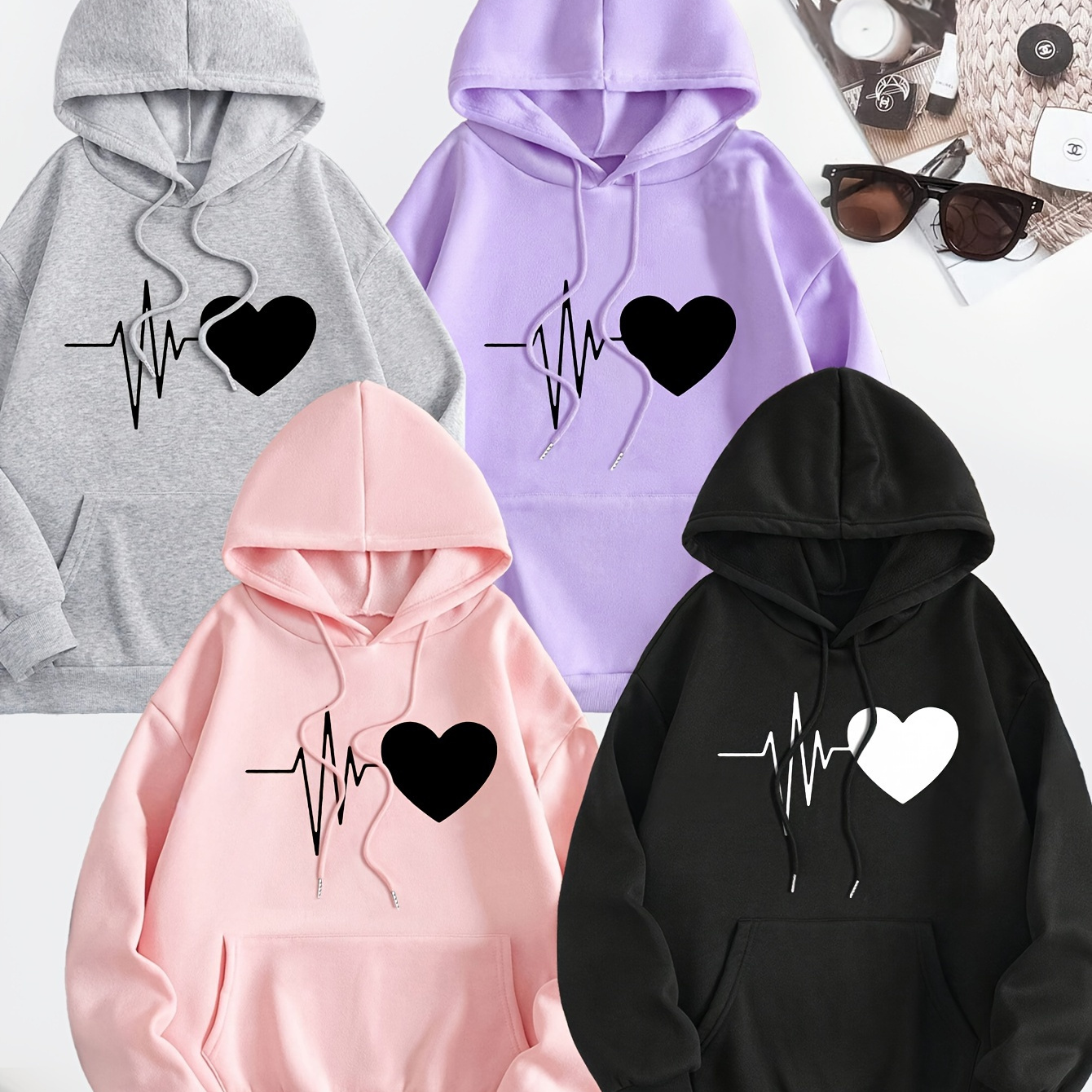 

4-pack Heart Print Kangaroo Pocket Hoodie, Casual Long Sleeve Drawstring Hoodies Sweatshirt, Women's Clothing