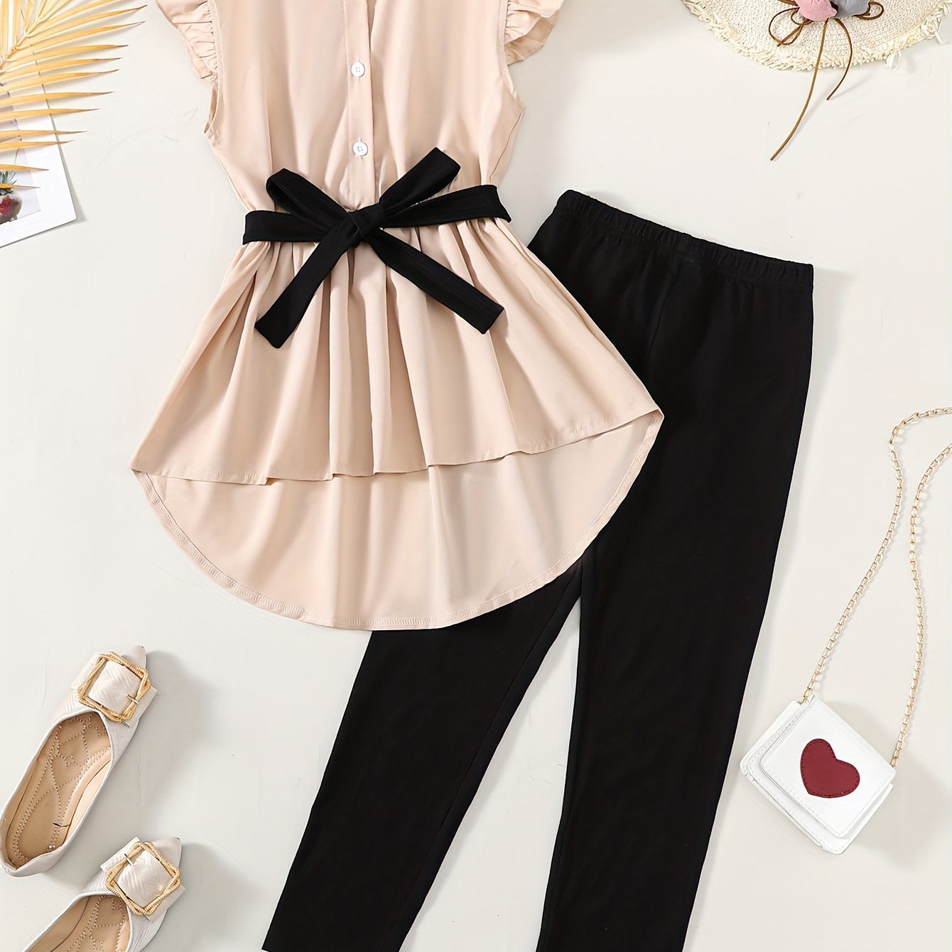 

Elegant Girls 2pcs Solid Ruffle Trim Top + Pants Set Spring Summer Outdoor