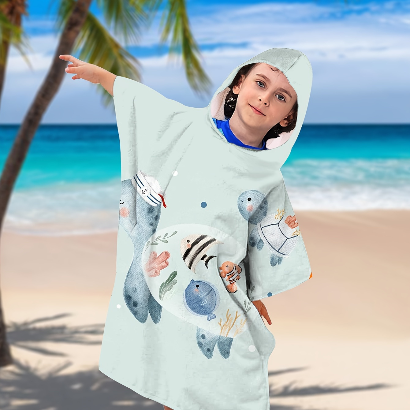 

Kid's Whale Fish Pattern Hooded Bathrobe, Multi-functional & Highly Absorbent, Soft Comfortable Pajama, Must-have Robes After Swimming/beach/bathing