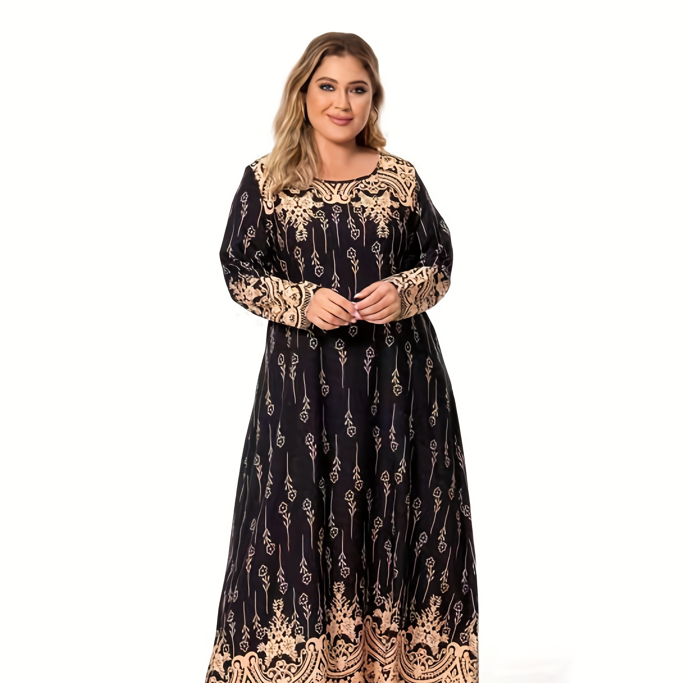 

Plus Size Casual Dress, Women's Plus Floral Print Long Sleeve Round Neck Maxi Dress For Ramadan