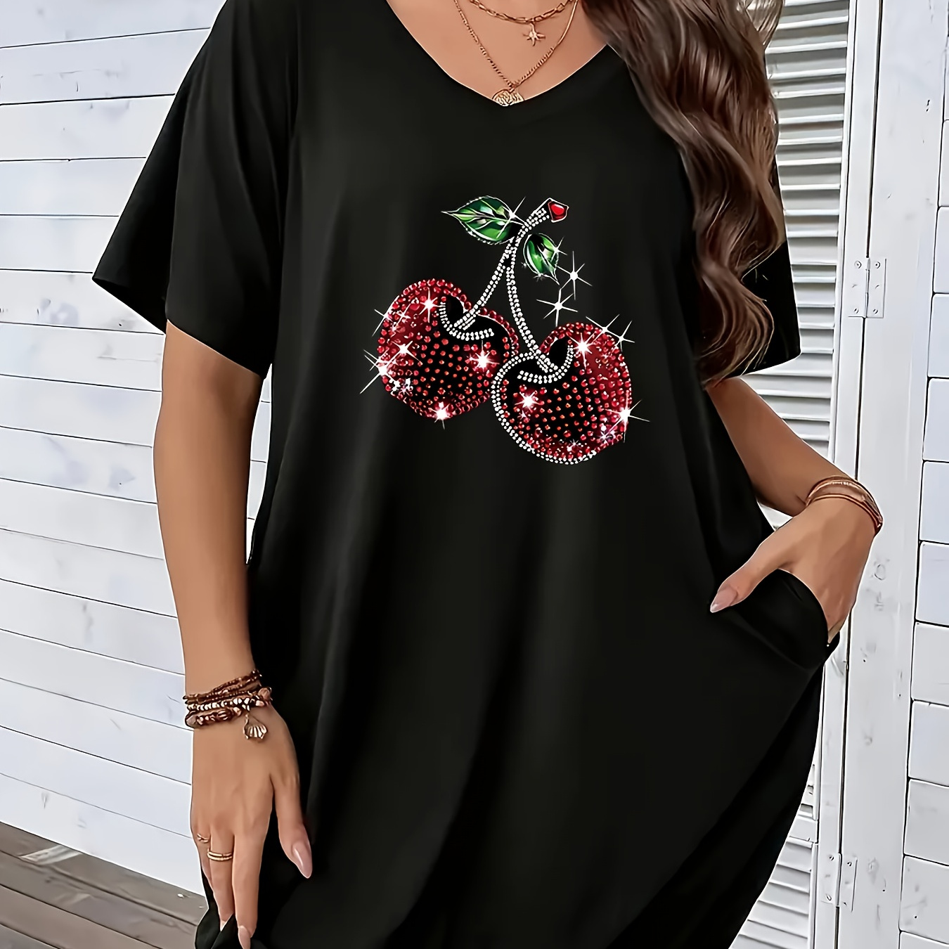 

Women's Plus Size Casual Dress With Cherry Print - V-neck, Short Sleeve, Stretch Fabric, Pockets - Spring/summer