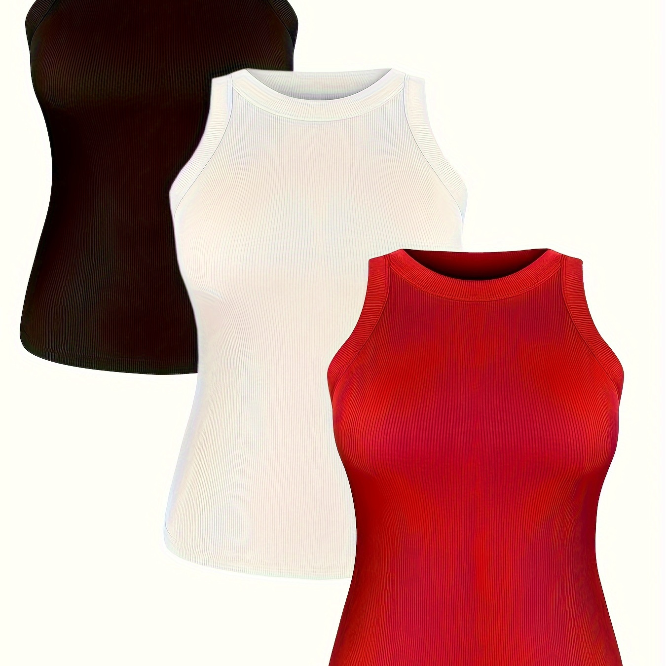 

Solid Tank Top 3 Pack, Casual Crew Neck Sleeveless Tank Top For Summer, Women's Clothing