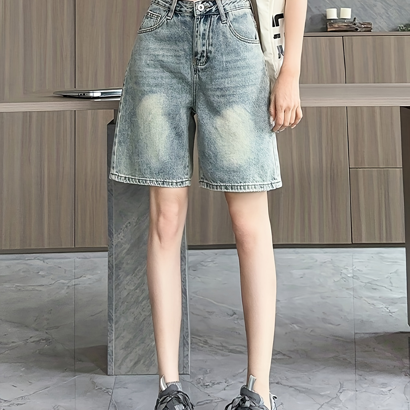 

Women's Retro Plain High Waist Denim Shorts, Summer Vintage Casual Loose Fit Mid-thigh Jeans, Versatile Jorts Fashion For Ladies