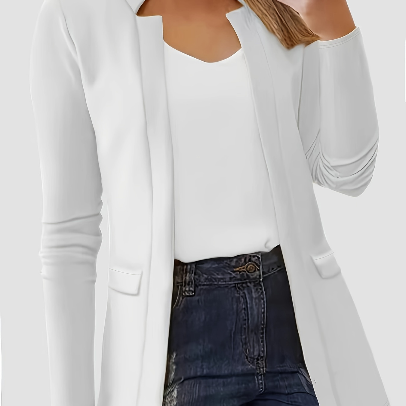 Solid Open Front Blazer, Casual Long Sleeve Blazer For Office, Women's Clothing