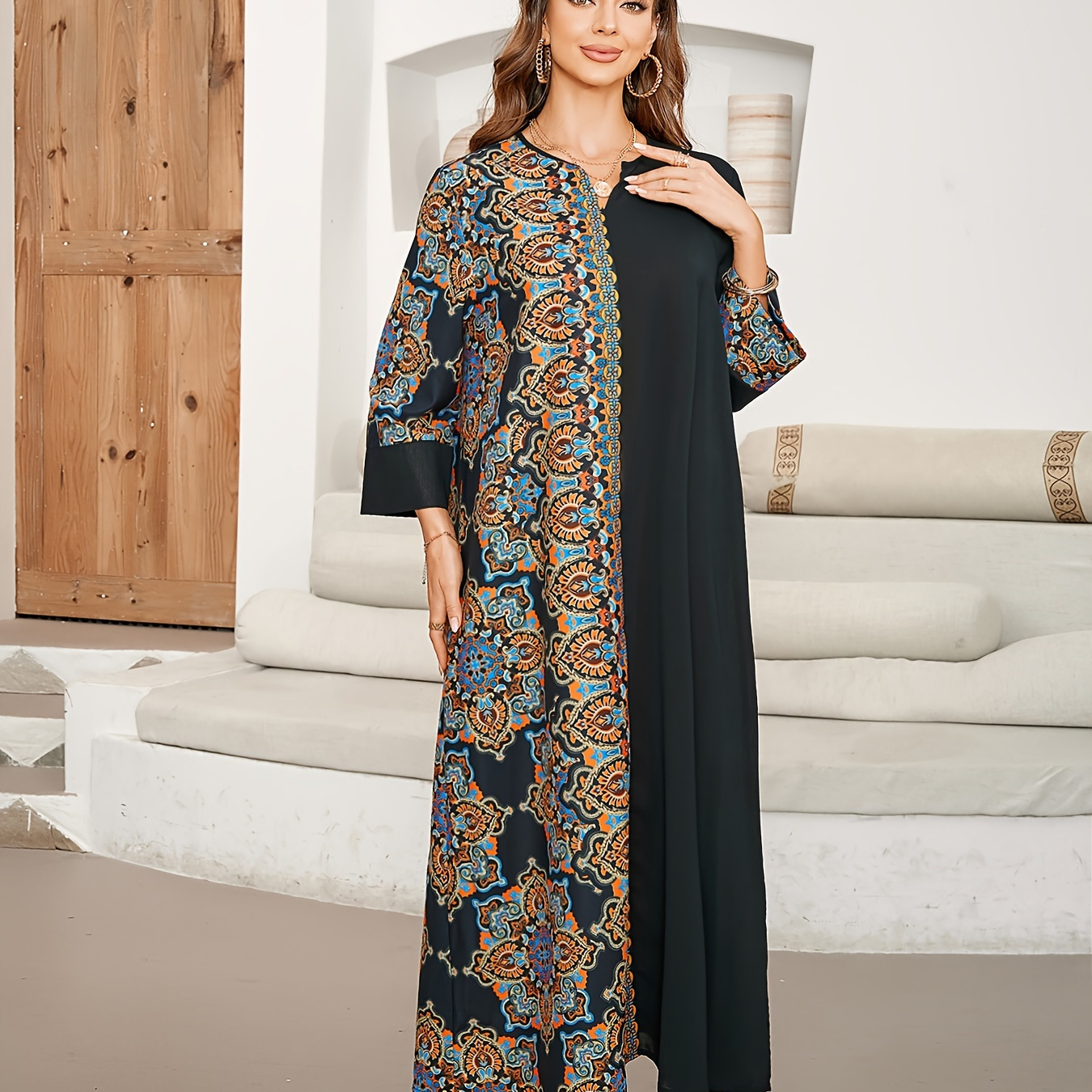 

Ramadan Ethnic Print Color Block Kaftan, Elegant Notched Neck Maxi Length Dress, Women's Clothing