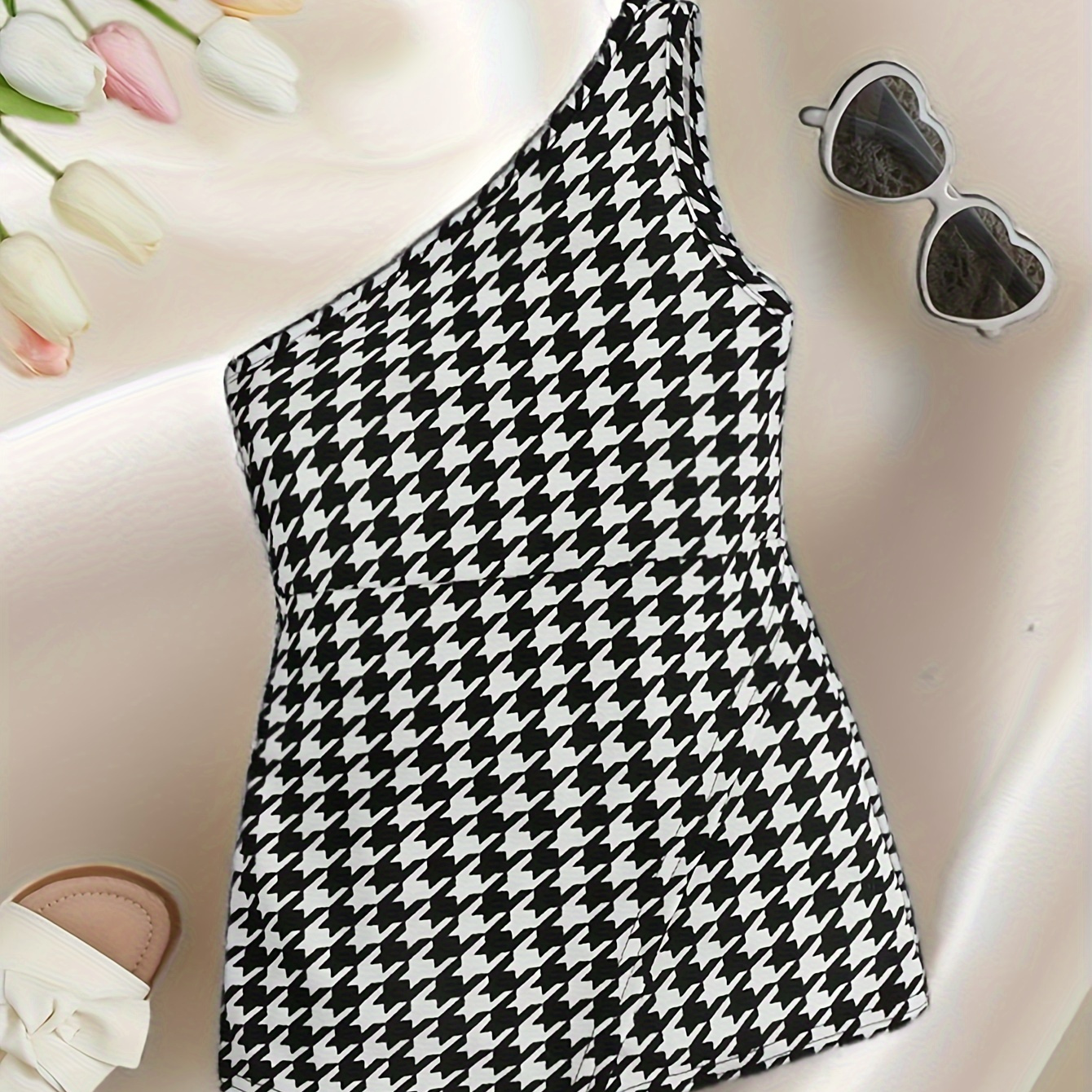 

Trendy Girls Houndstooth Pattern Single Shoulder Jumpsuit Romper For Summer Party Outdoor Gift