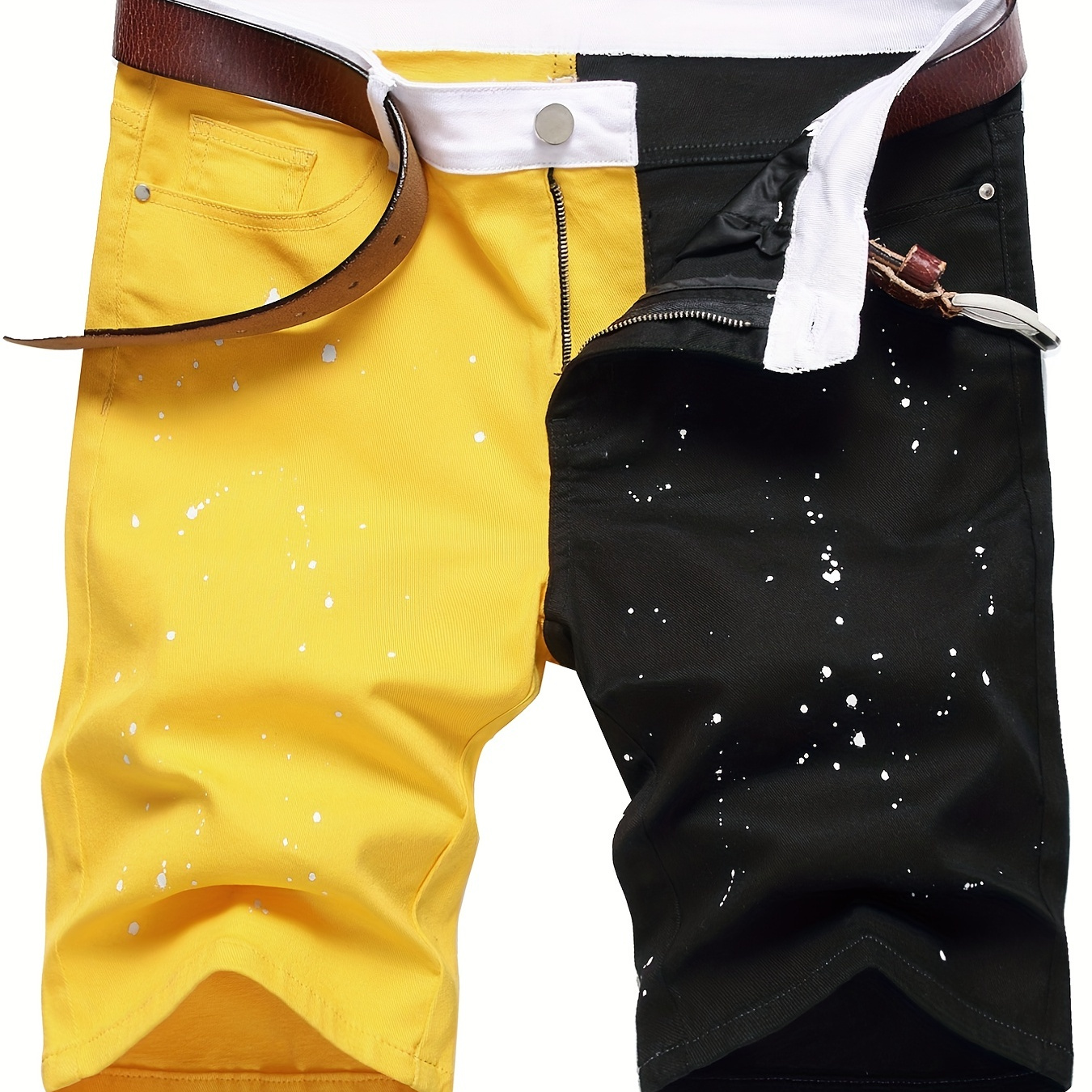 Color Block Splatter Pattern Denim Shorts, Men's Casual Street Style Slightly Stretch Denim Shorts For Summer