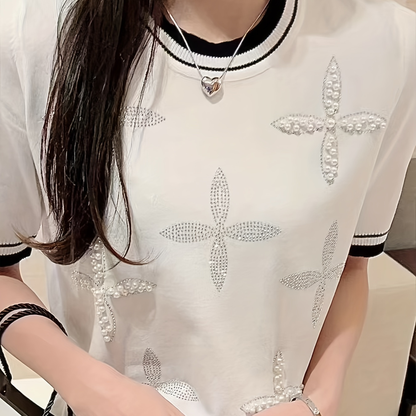 

Beaded Rhinestone Crew Neck Knitted Top, Casual Short Sleeve Sweater For Spring & Summer, Women's Clothing