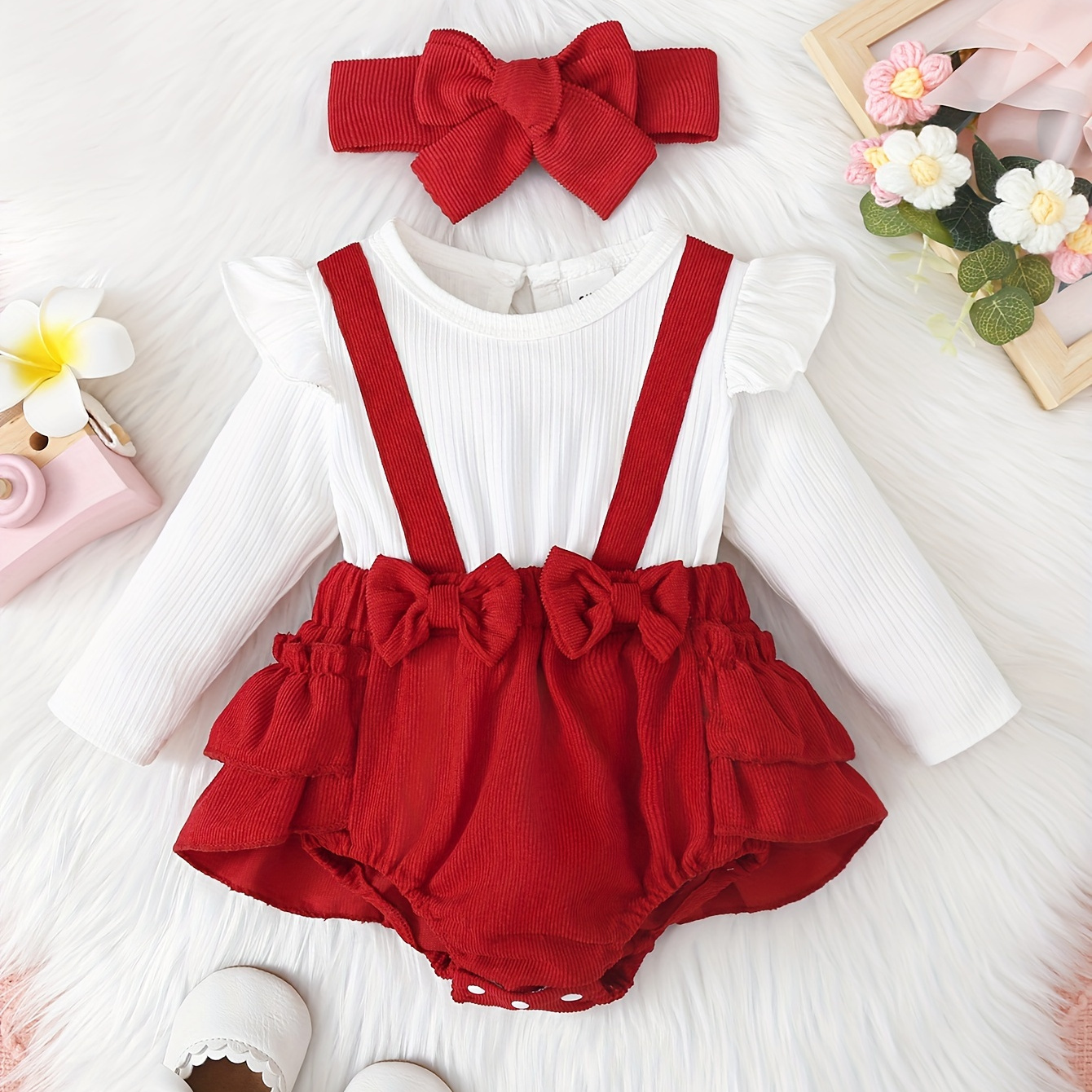 

Baby Girls Comfortable Pit Strip Textured Long Sleeve Solid Color Ruffle Triangle Dress Romper One-piece Coat Plus Hairband 2pcs