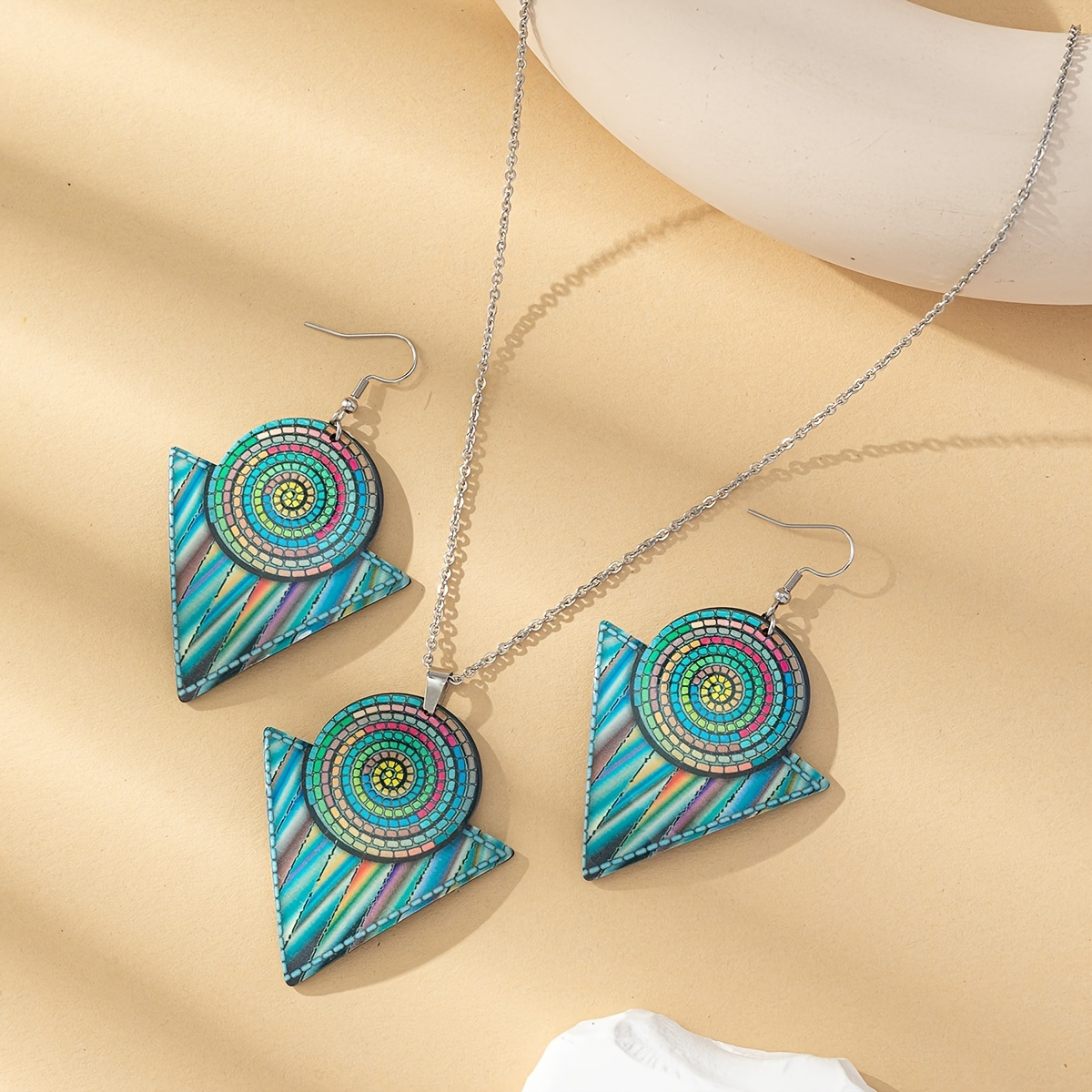 

Colorful Boho Style Jewelry Set With Pendant Necklace & Drop Earrings For Women