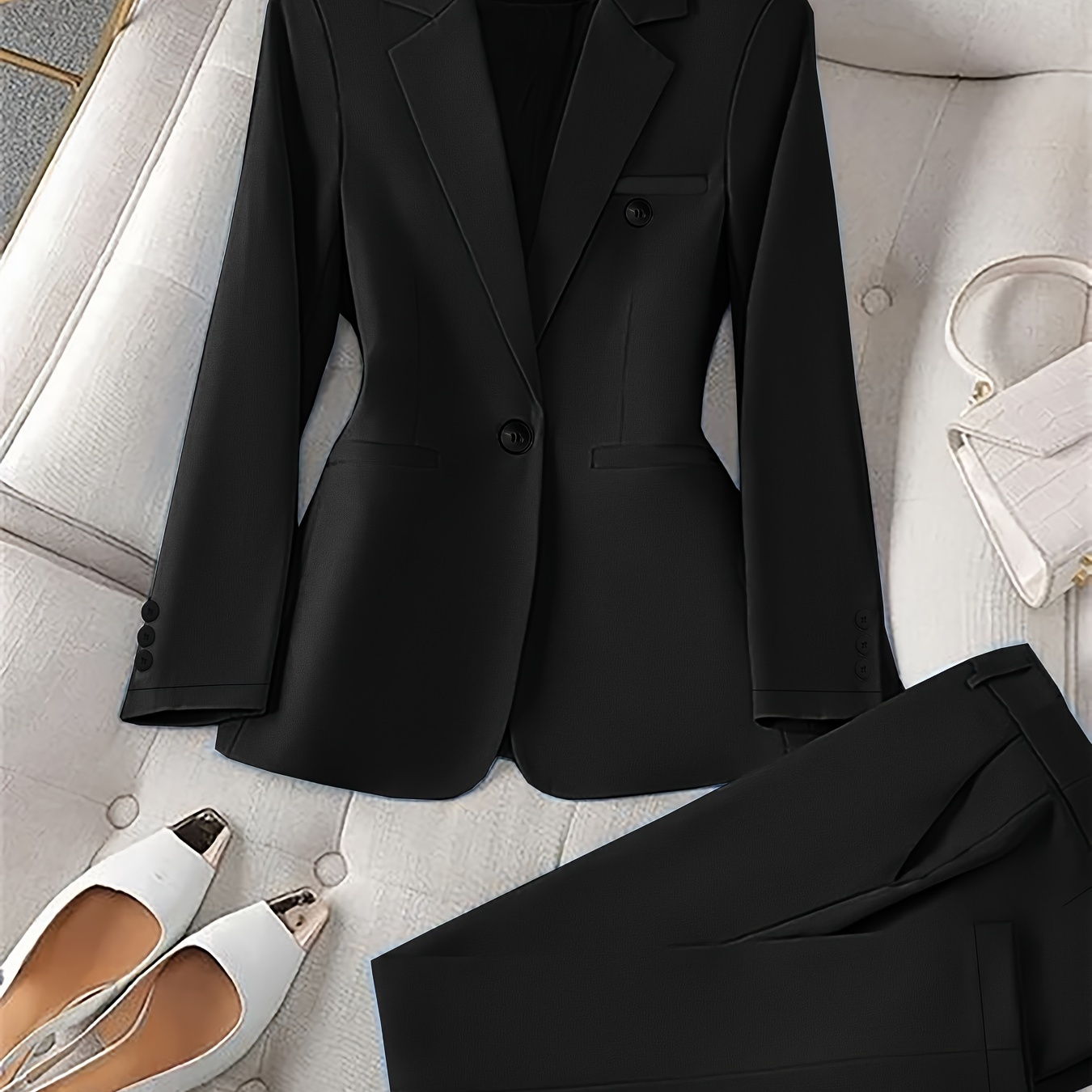 

Solid Color Elegant Pantsuits, Long Sleeve Lapel Collar Button Blazer & Straight Leg Pants Outfits, Women's Clothing