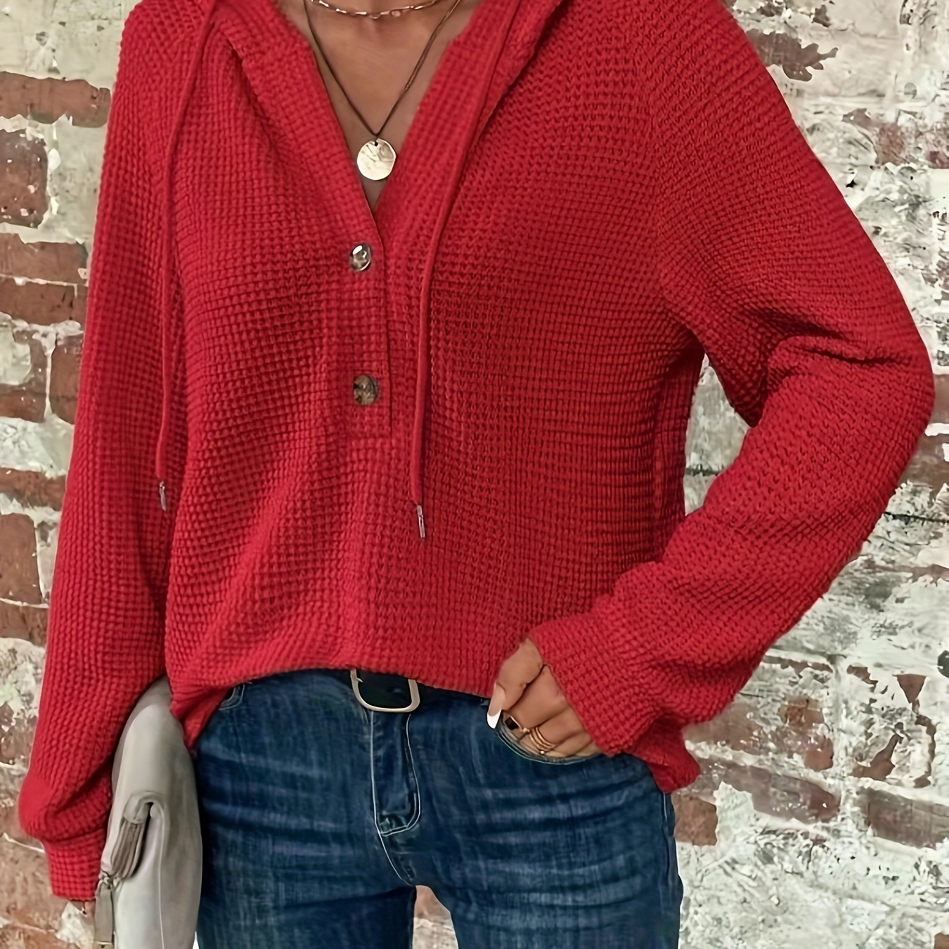 

Women's Red Waffle Knit Hoodie - Casual Long Sleeve With Button Detail, V-neck, High Stretch Polyester , Machine Washable, Fall/winter, Comfy Clothes