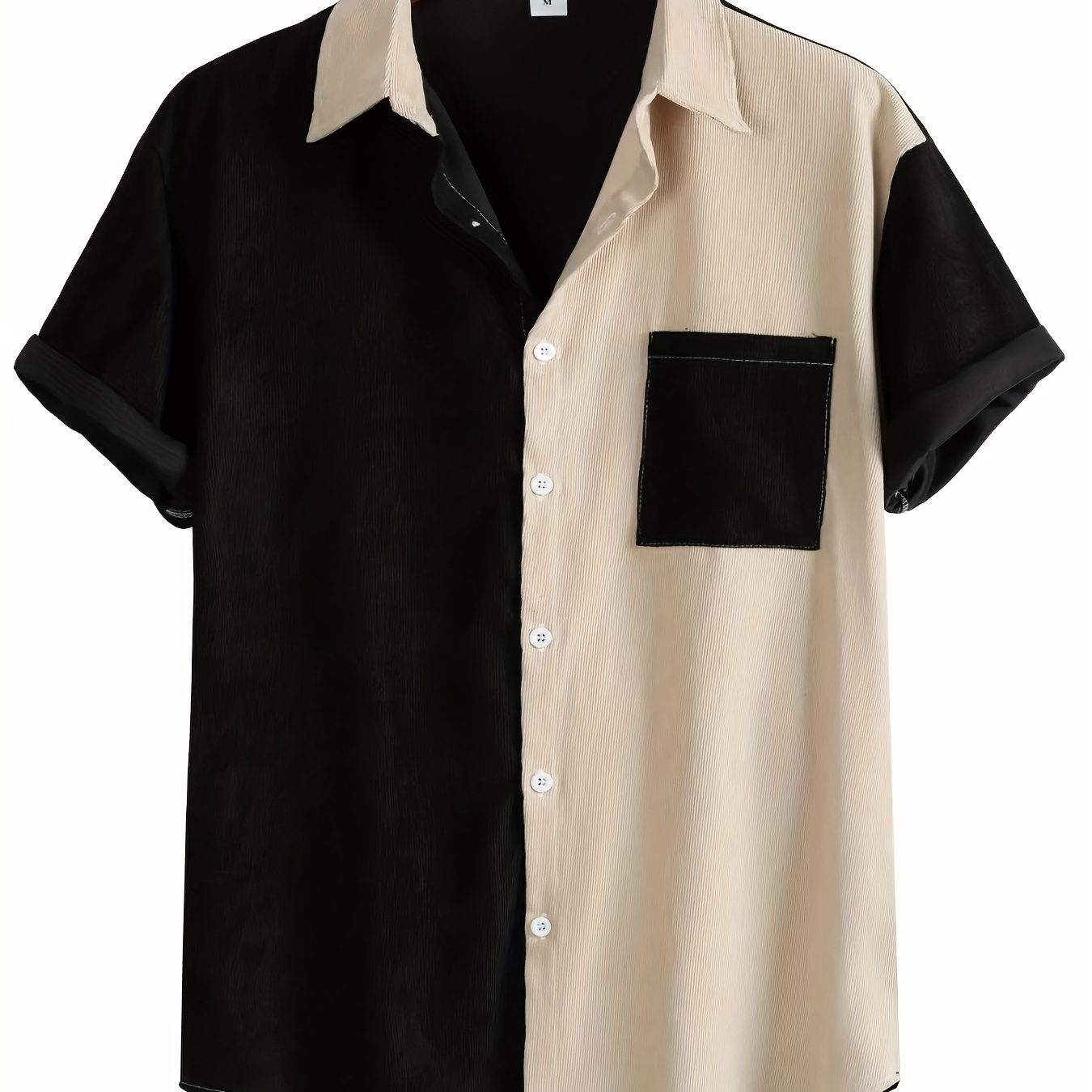 

Fashion Color Block Design Men's Short Sleeve Button Up Shirt With Chest Pocket, Summer Vacation