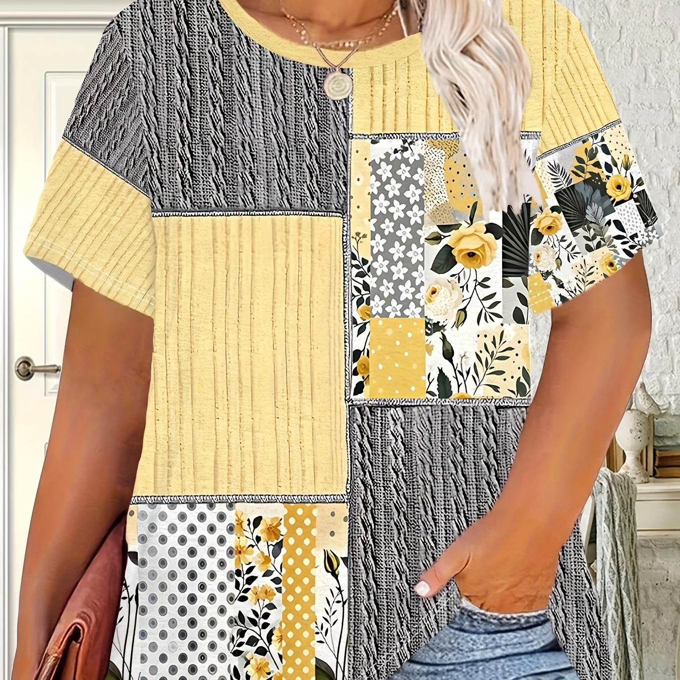 

T-shirt patchwork floral et imprimé tricoté à câble grande taille, haut décontracté à manches courtes et col rond, mélange de polyester avec légère extensibilité, 180g/m², pour l'été