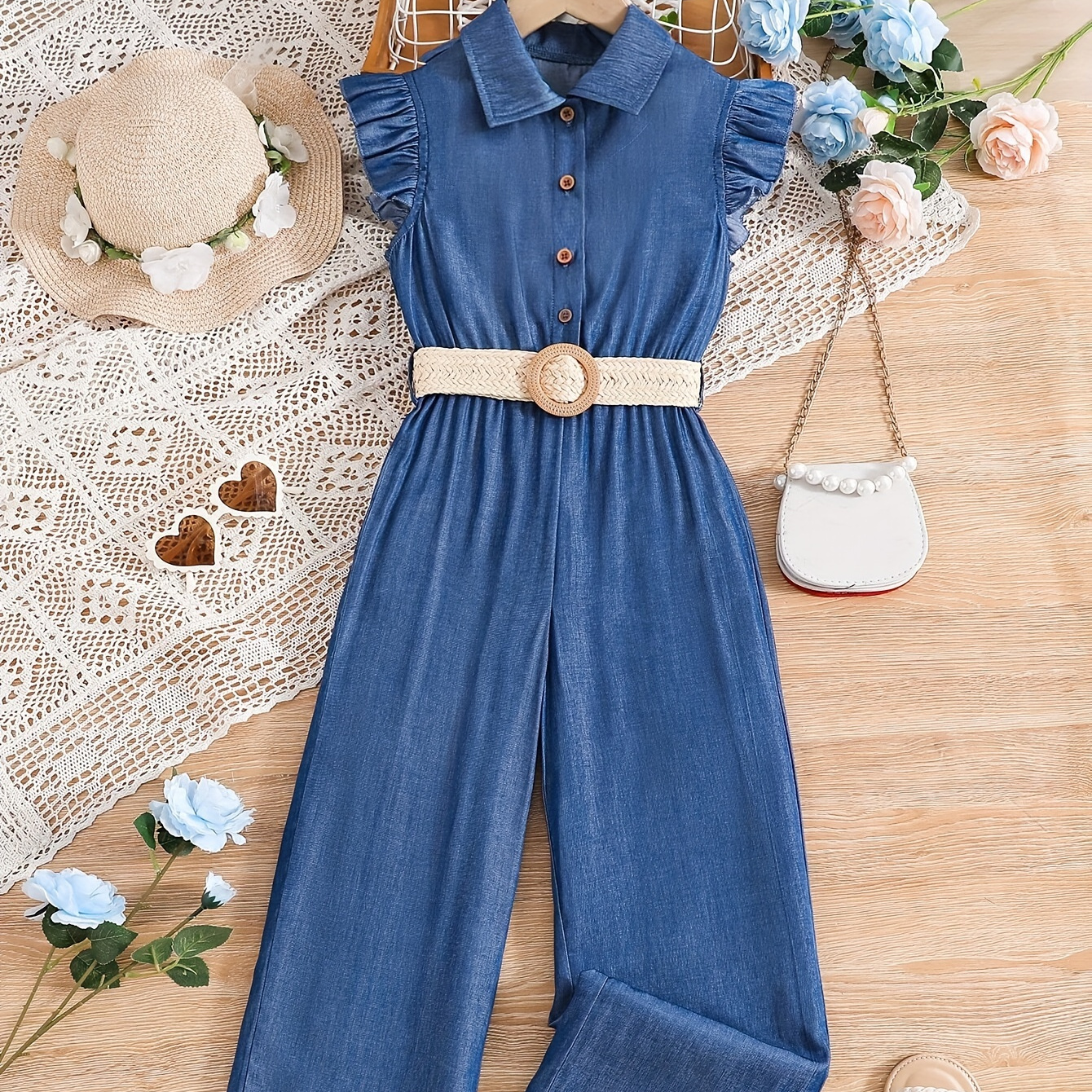 

Girls Imitation Denim Print Button Decor Ruffle Sleeve Belted Jumpsuit Romper For Party