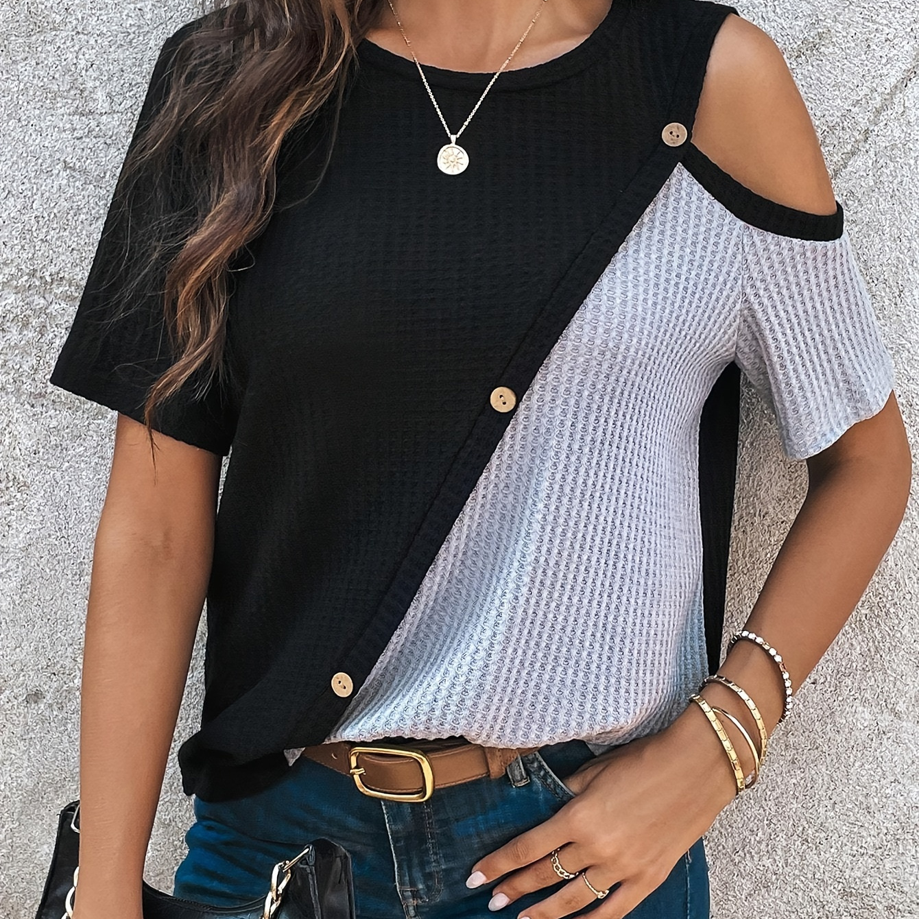 

Color Block Cold Shoulder T-shirt, Casual Short Sleeve Button Front Top For Spring & Summer, Women's Clothing