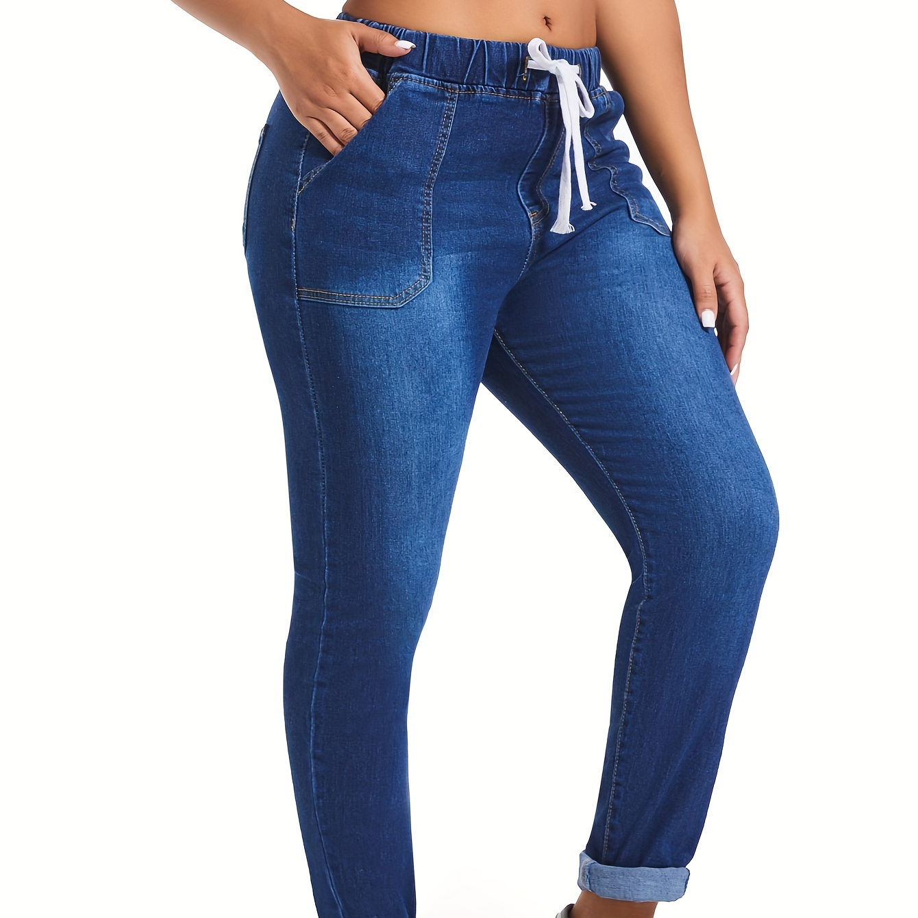 

Jean Slim À Taille Élastique Avec Cordon De Serrage, Pantalon En Denim Bleu Uni Décontracté, Jeans En Denim Et Vêtements Pour Femmes