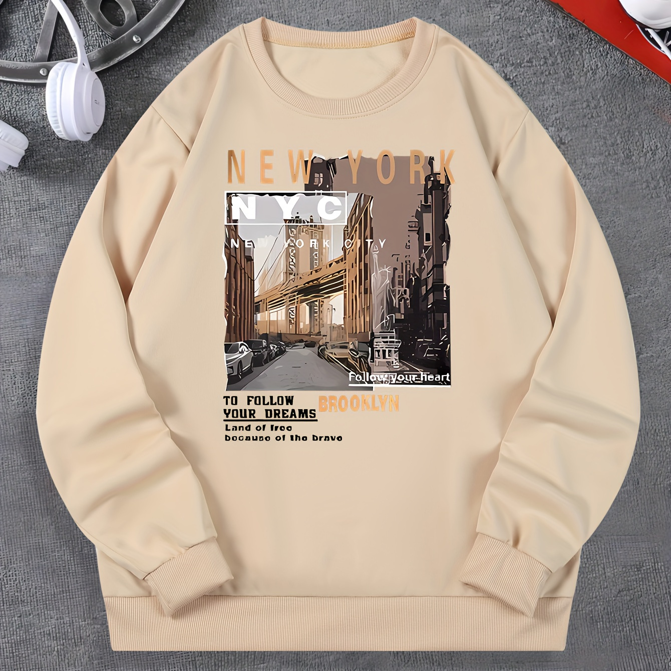 

New York City Print Men's Pullover Round Neck Long Sleeve Sweatshirt Pattern Loose Casual Top For Autumn Winter Men's Clothing As Gifts