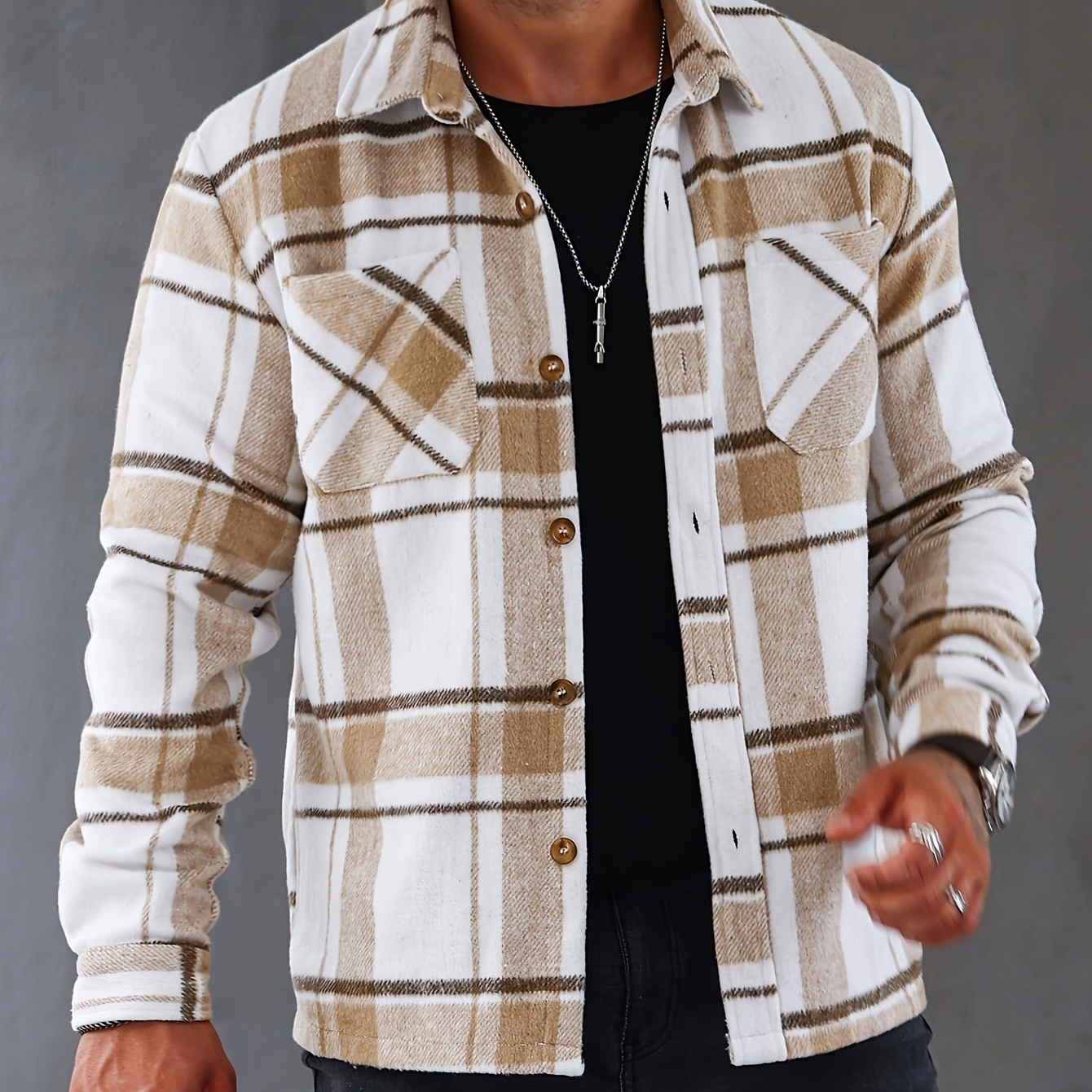 

Checkered Lapel Long Sleeve Male For Men Streetwear