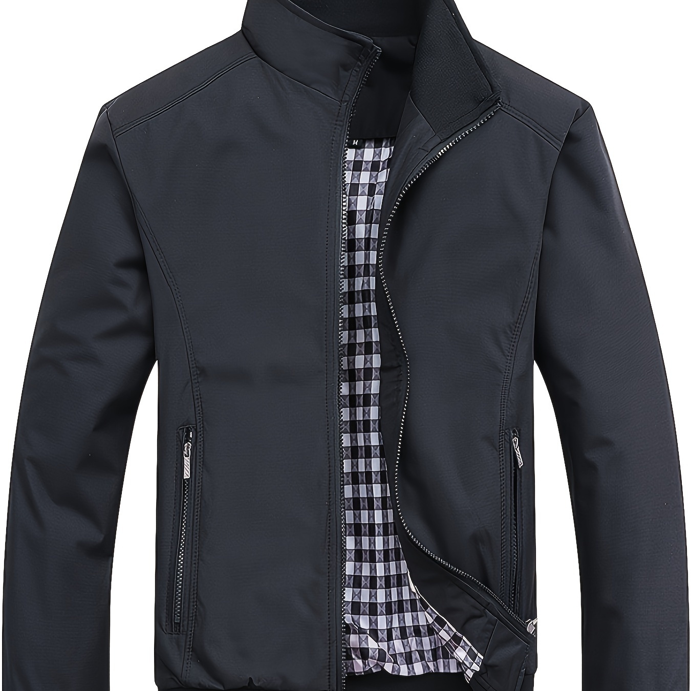 Plus Size Men's Stand Collar Windproof Jacket With Zipper Pocket, Oversized Loose Clothing For Big And Tall Guys