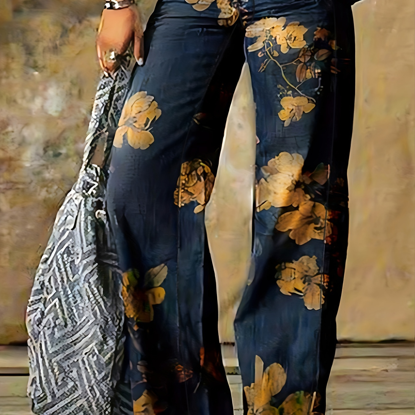 Plus Size Casual Pants, Women's Plus Floral Print Button Up Thin Straight Leg Pants