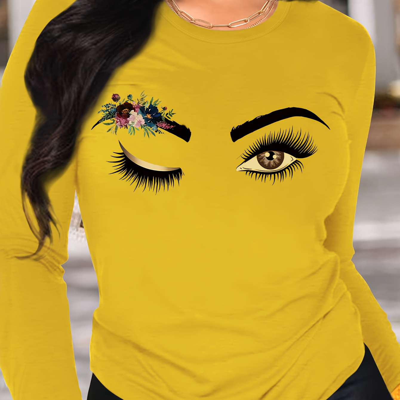 

Eyes Print T-shirt, Long Sleeve Crew Neck Casual Top For Spring & Fall, Women's Clothing