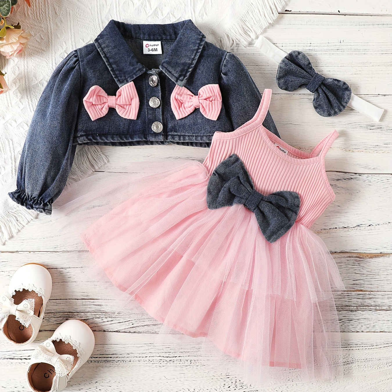 

Patpat 3pcs Baby Girl Sweet 3d Bow Design Denim Suit Crop Crop Coat & Gauze Tutu Dress & Hair Hoop Set