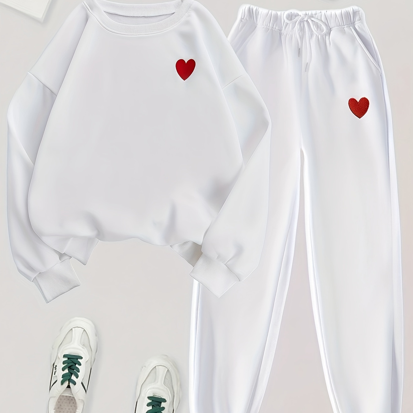 

Casual Heart Print Two-piece Pants Set, Long Sleeve Crew Neck Sweatshirt & Slant Print Drawstring Pants Outfits, Women's Clothing, Valentine's Day
