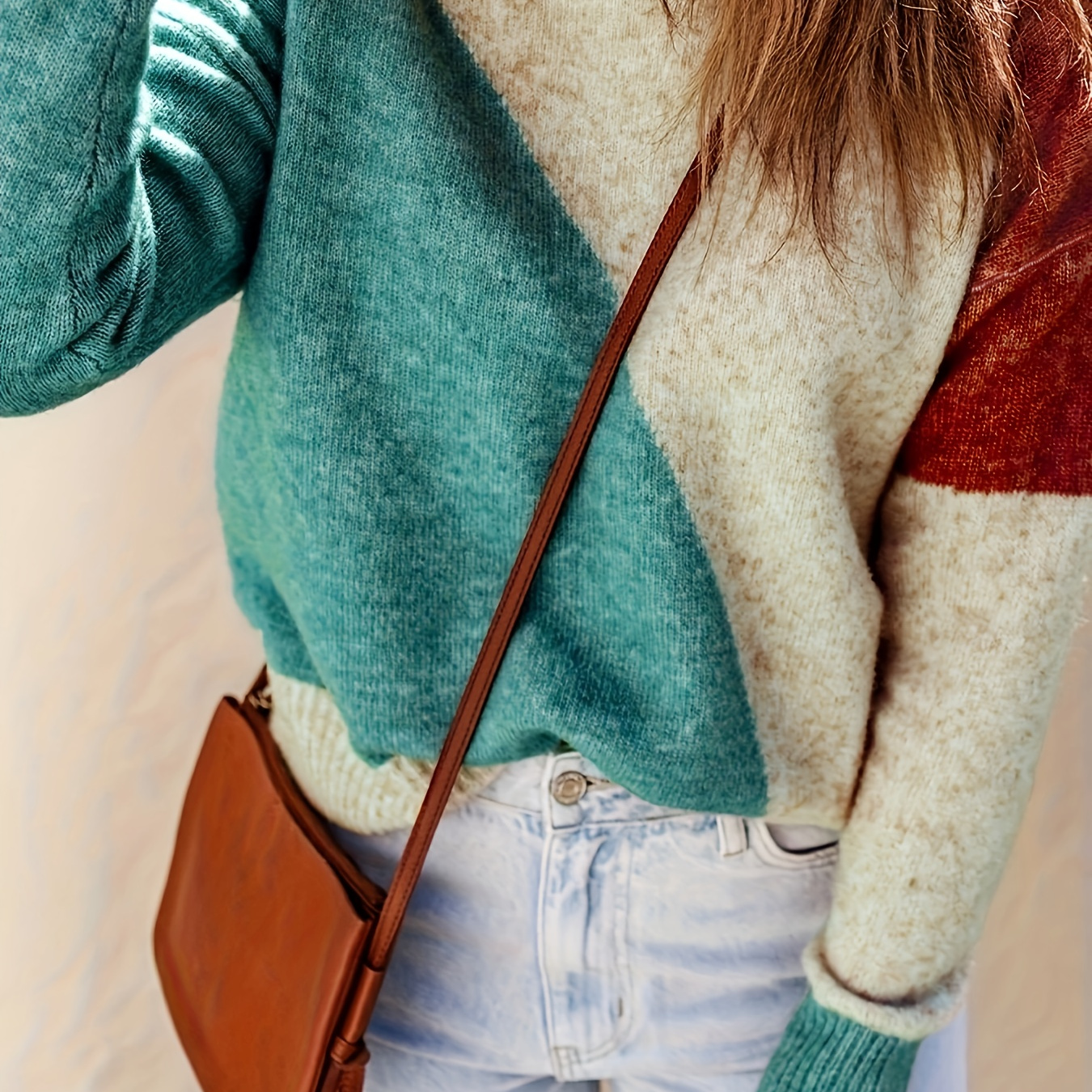 

Color Block Pull Sweater, Pull à col rond à manches longues décontracté pour l'automne et l'hiver, Vêtements pour femmes