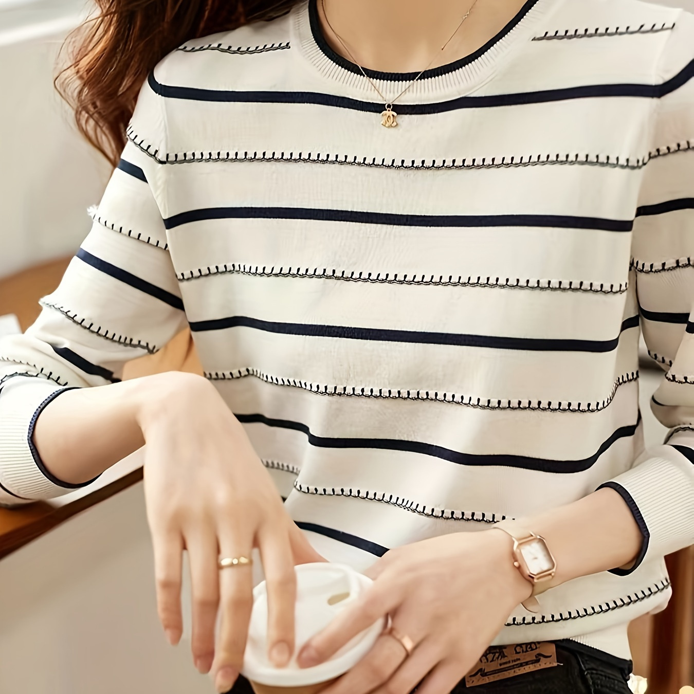 

Stripe Print Crew Neck Sweater, Casual Long Sleeve Sweater For Spring & Fall, Women's Clothing