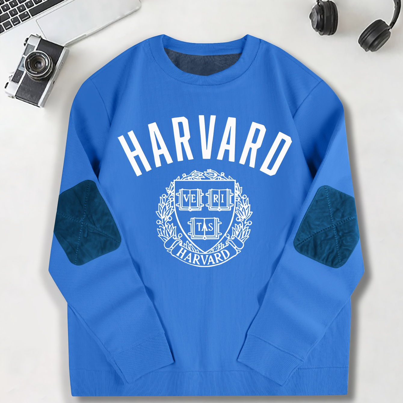 

Harvard Print Crew Neck Sweatshirt For Men - Casual Cotton Blend Long Sleeve Pullover With Slight Stretch, Knit Fabric - Classic