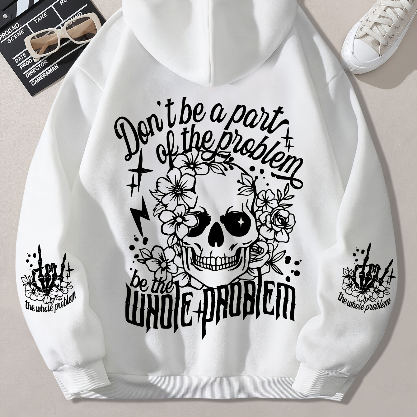 

Women's Casual Polyester Hoodie With Geometric Skull Print - 100% Polyester Knit Fabric, Hooded Sweatshirt With Pocket Detail For Fall/winter