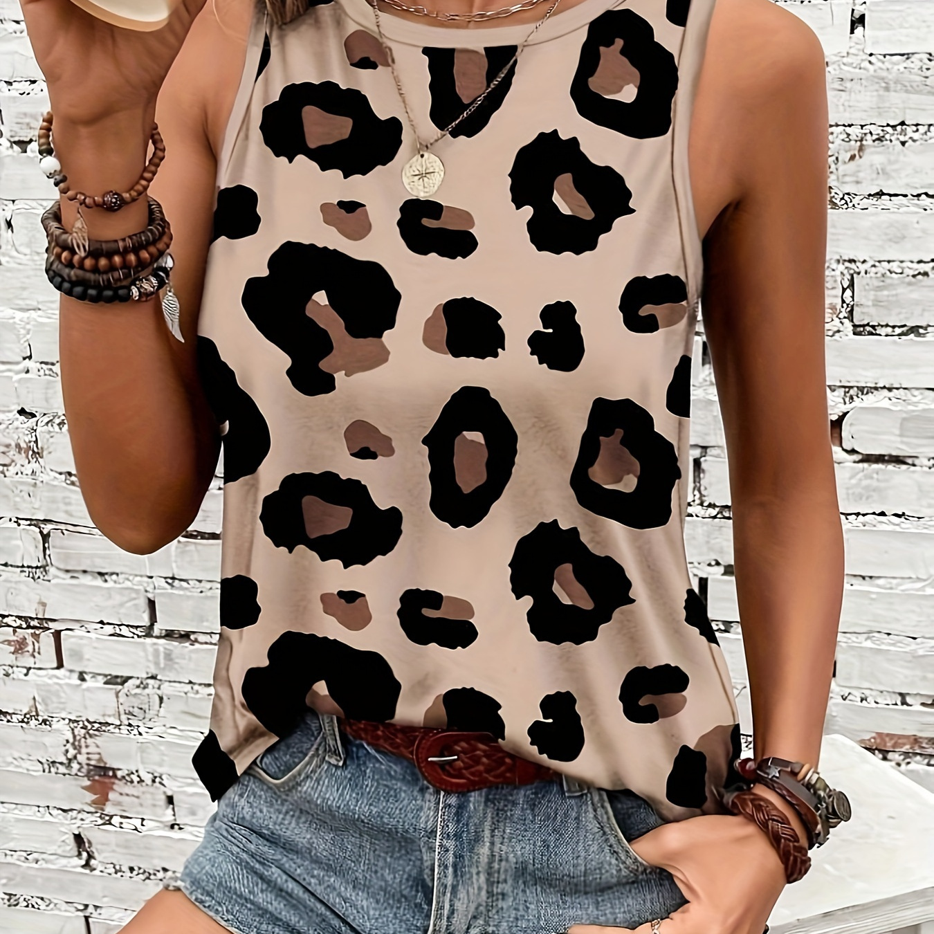 

Leopard Print Crew Neck Tank Top, Versatile Sleeveless Loose Summer Top, Women's Clothing