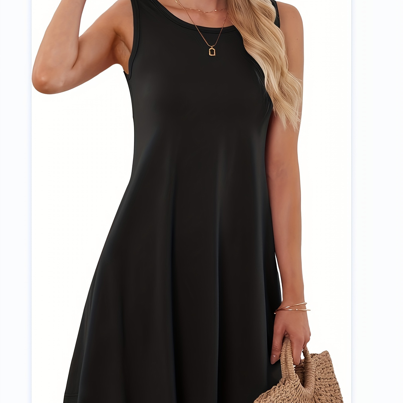 

Women's Casual Flowy Simple T-shirt Dress, Loose Fit Sporty Mini Dress, Sleeveless, Round Neck, Solid Color, Versatile Apparel