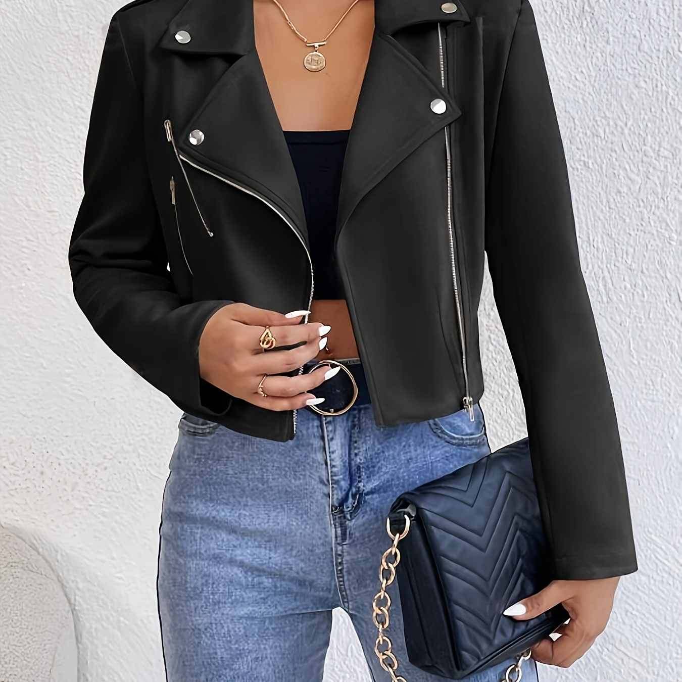 

Pu Leather Zip Up Jacket, Casual Long Sleeve Street Wear Jacket For Spring & Fall, Women's Clothing