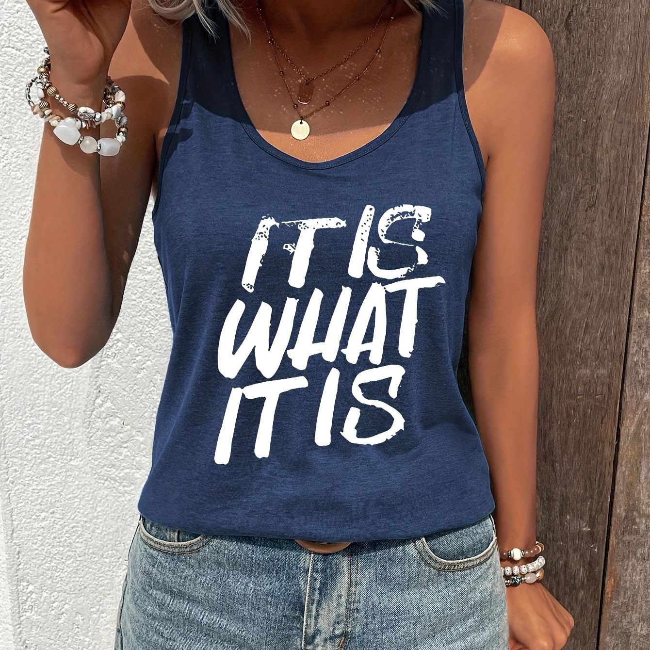 

Letter Print Crew Neck Tank Top, Casual Sleeveless Tank Top For Spring & Summer, Women's Clothing