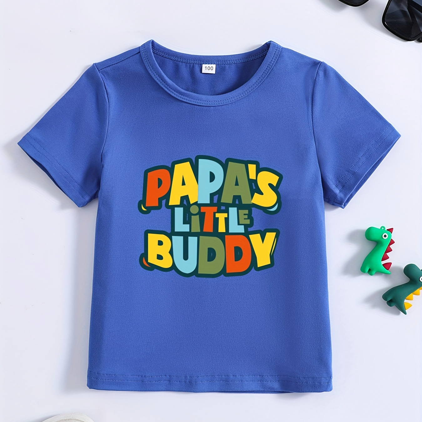 

Stylish Papa's Little Buddy Letter Print Boys Creative T-shirt, Casual Lightweight Comfy Short Sleeve Crew Neck Tee Tops, Kids Clothings For Summer
