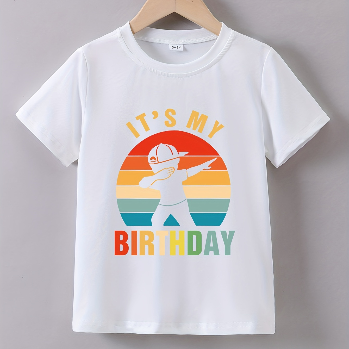 

It's My Birthday Print Cartoon Figure Graphic Short Sleeve Crew Neck T-shirt, Casual Tee Tops Summer Birthday Gift, Boys' Clothing