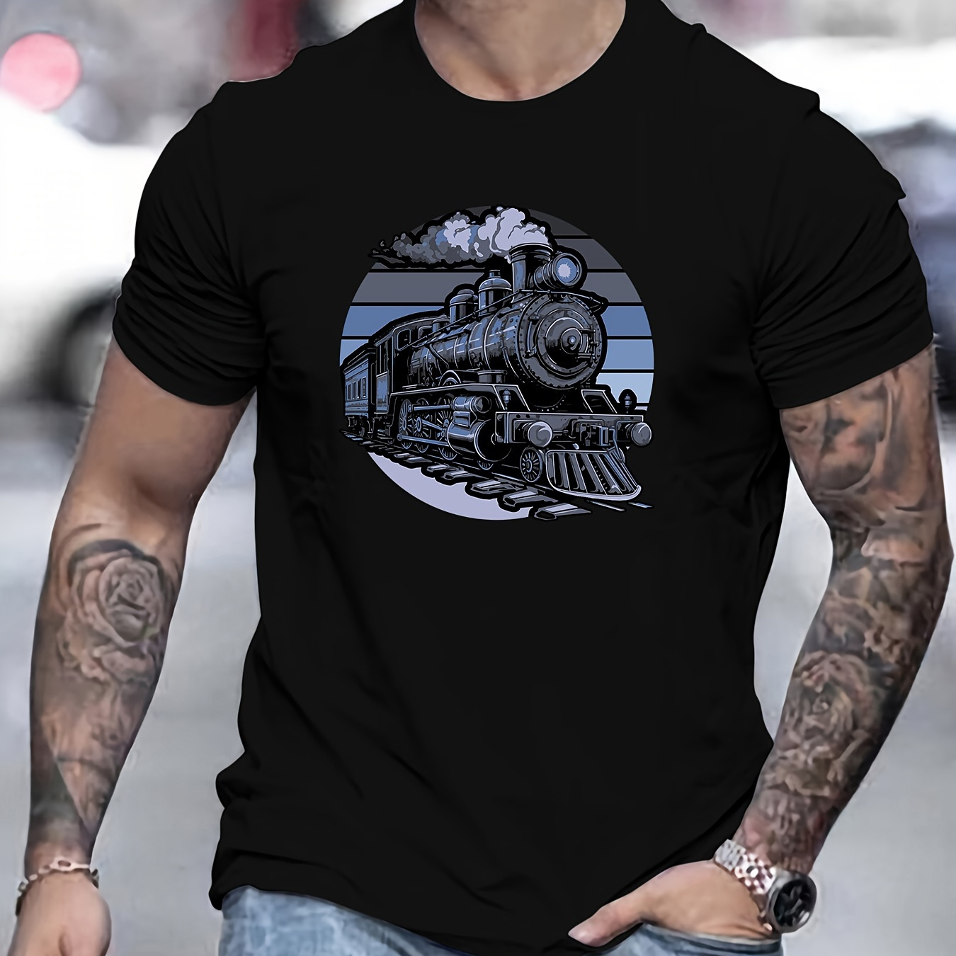 

Steam Train Print T Shirt, Tees For Men, Casual Short Sleeve T-shirt For Summer