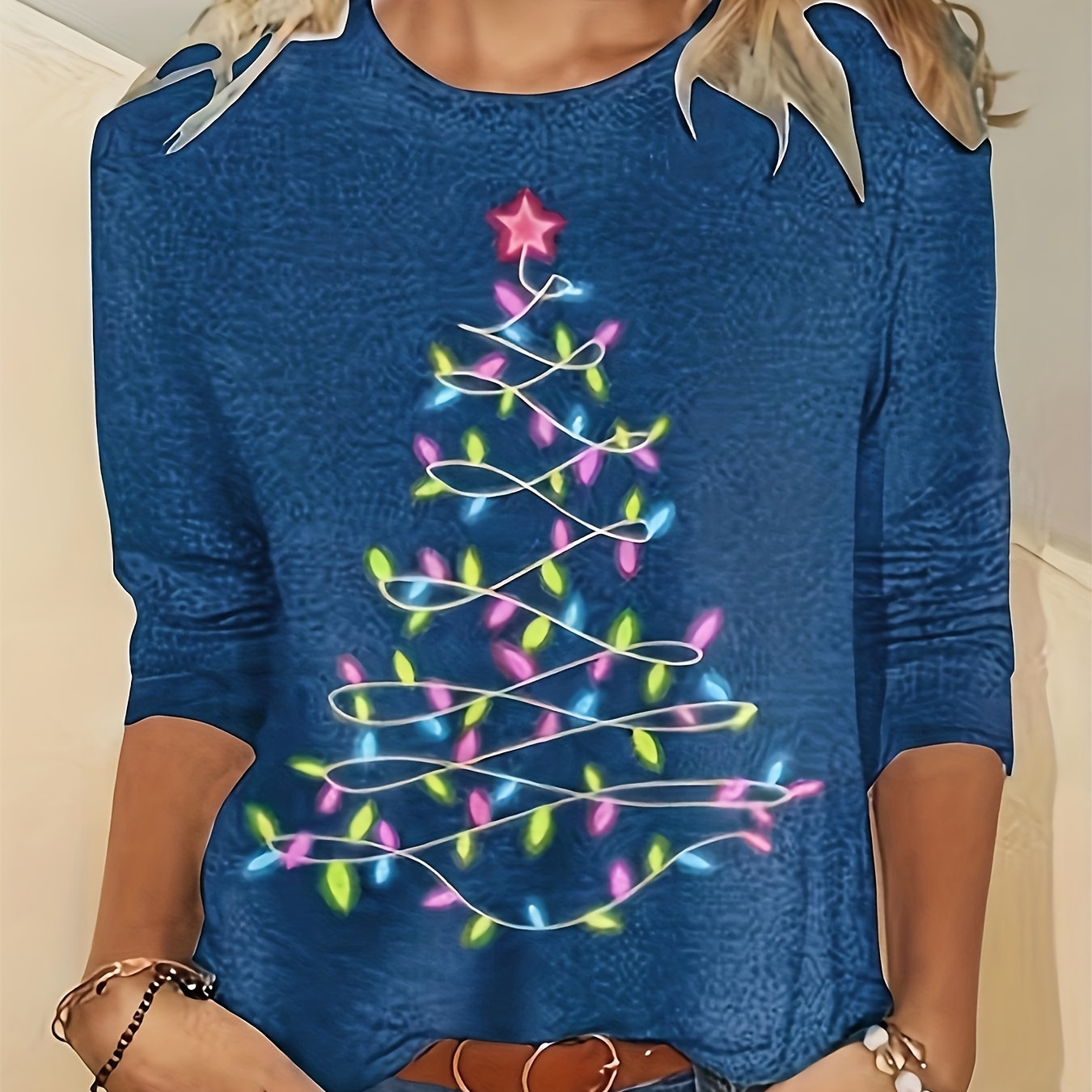 

Christmas Tree Print Crew Neck T-shirt, Casual Long Sleeve T-shirt For Spring & Fall, Women's Clothing