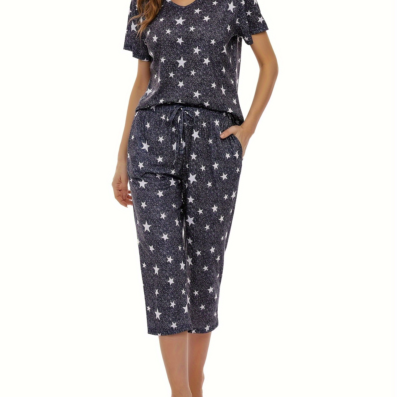 

Women's Pajama Set Soft Lounge Outfits Short Sleeve Capri Pants With Pockets